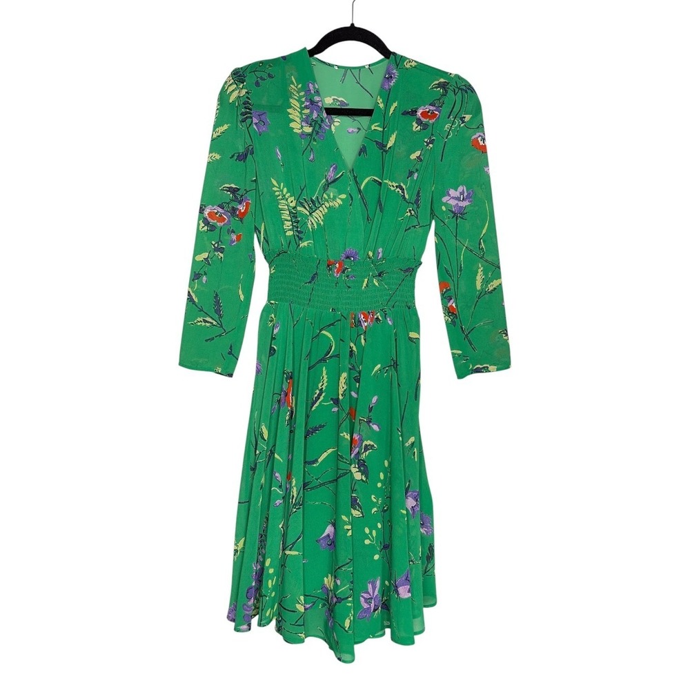 Maje Green Floral V Neck Smocked Waist Long Sleeve Midi Dress Botanical Print XS